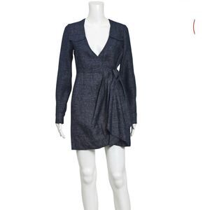 NWT Shona Joy Navy Woven Linen Wrap Dress, MiniLength Size 6